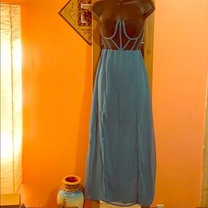 Abstract design Black and Teal Long Dress w/ slits